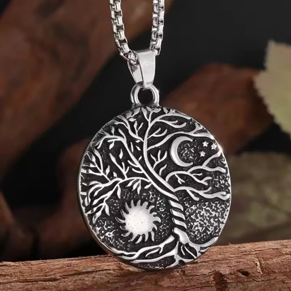 Boho Stainless Steel Tree of Life Pendant Necklace - Sun & Moon Design #1525 - Picture 4 of 5